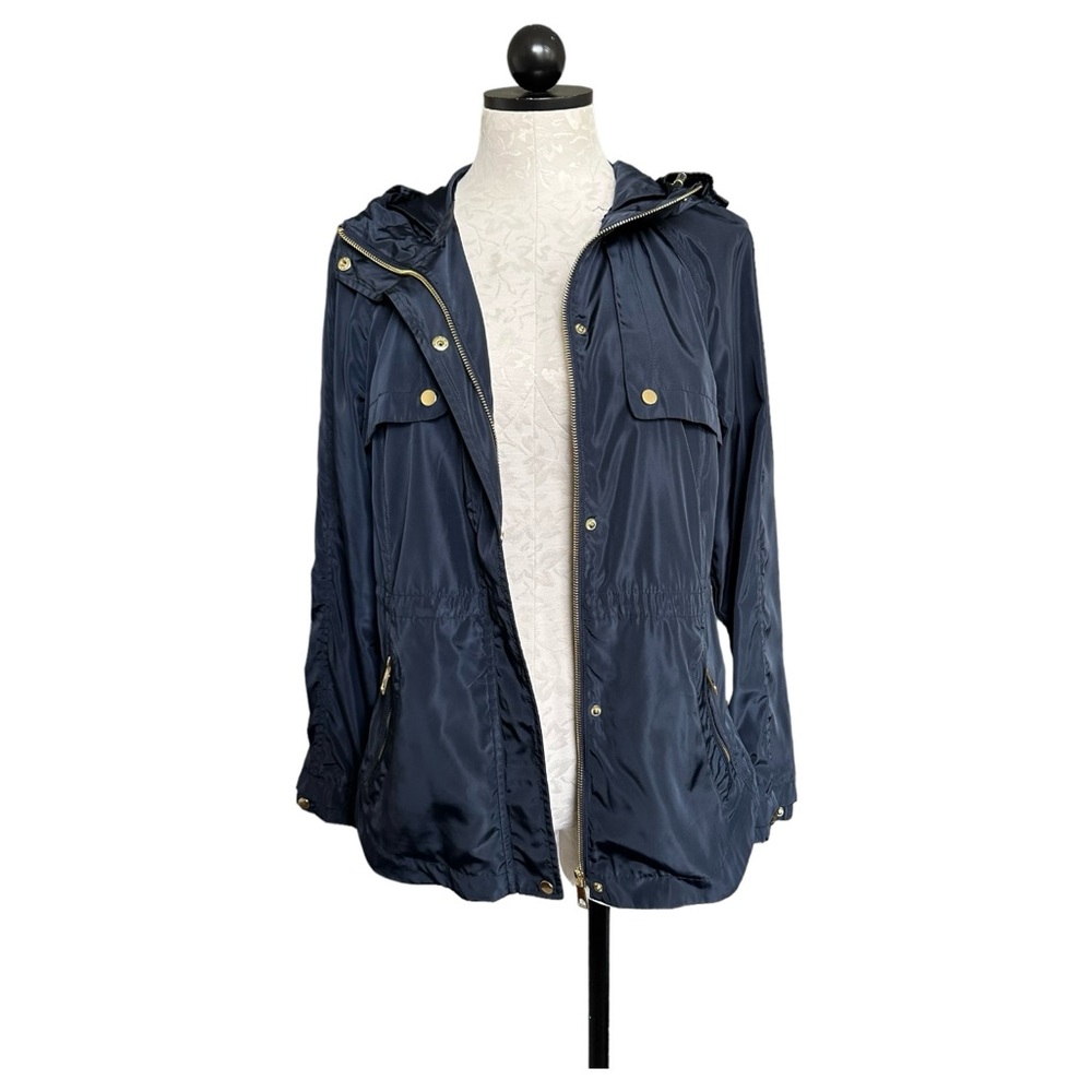 Zara Navy Blue Rain Jacket Hooded Full Zip Gold Tone Zippers & Snaps Size Medium - Picture 9 of 16